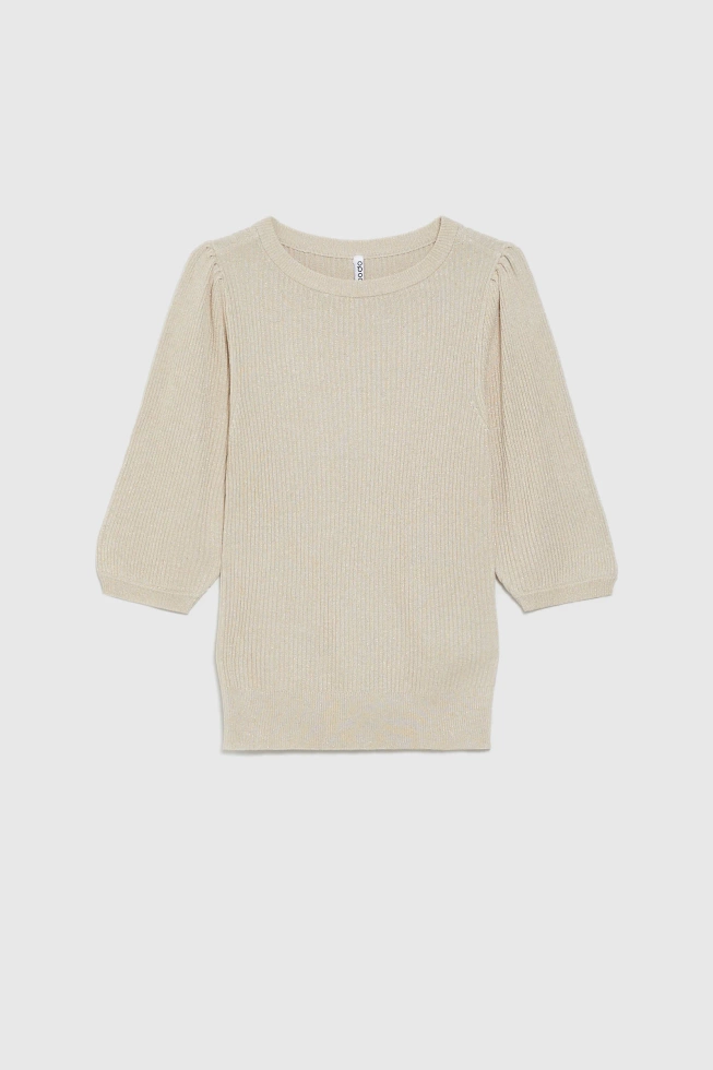 Prążkowany sweter z bufiastymi rękawami beżowy