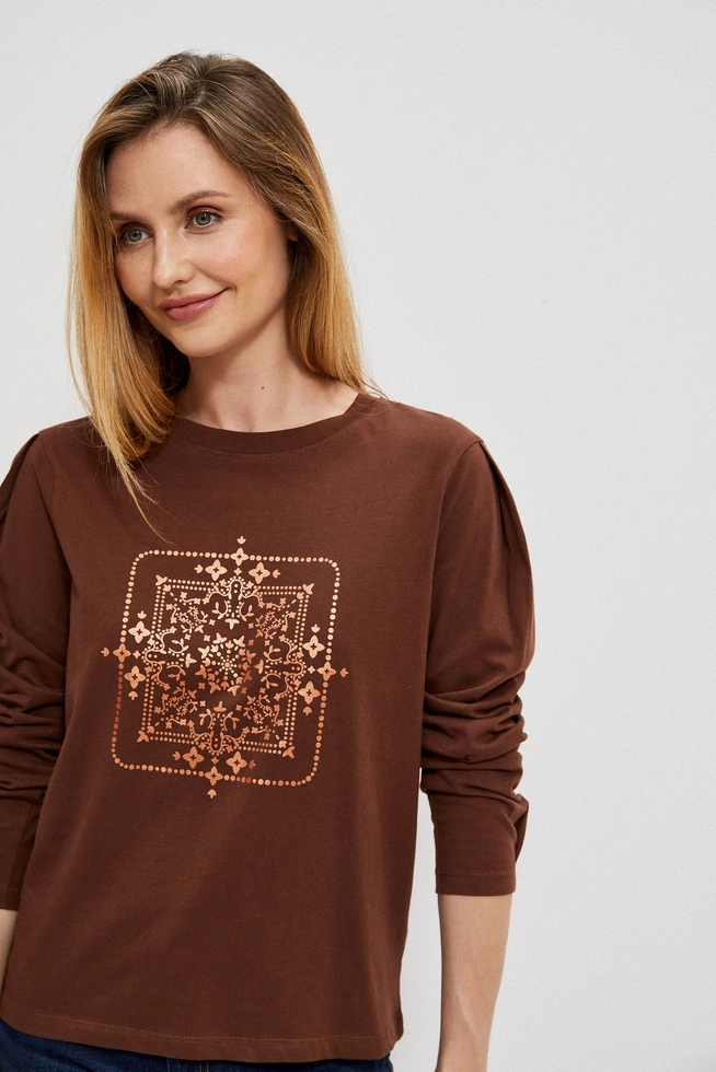 Bluzka z długimi rękawami i metalicznym printem kasztanowa