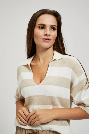 Sweter w szerokie pasy z krótkimi rękawami i dekoltem w serek beżowy