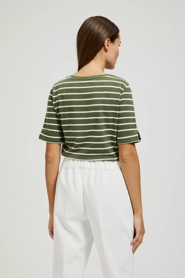 Bluzka w cienkie białe paski z wywijanymi rękawami khaki