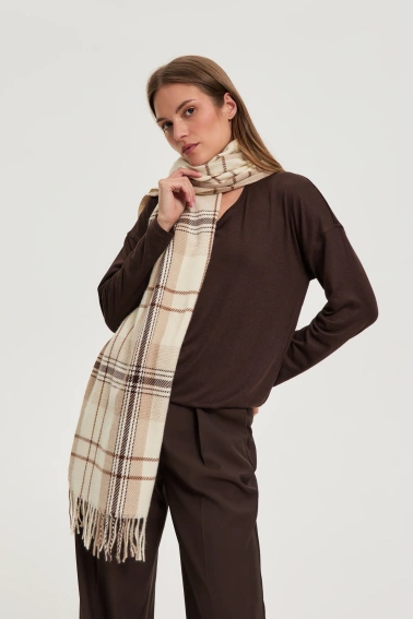 Szal w kratę beżowy 