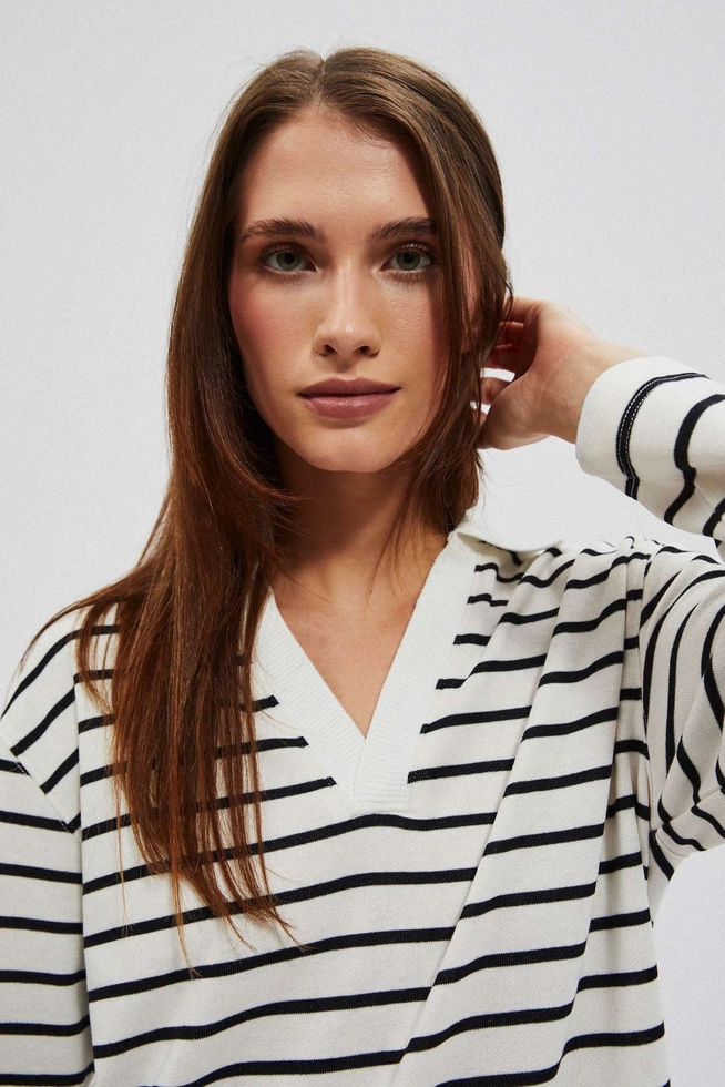 Bluza w paski z dekoltem w serek i kołnierzykiem perłowo-czarna