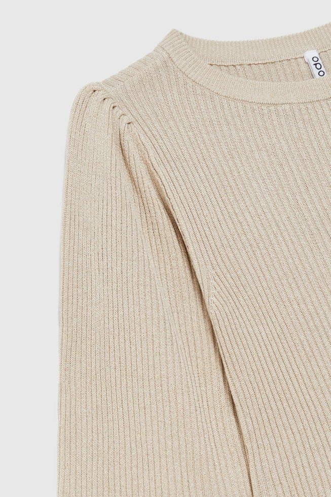 Prążkowany sweter z bufiastymi rękawami beżowy