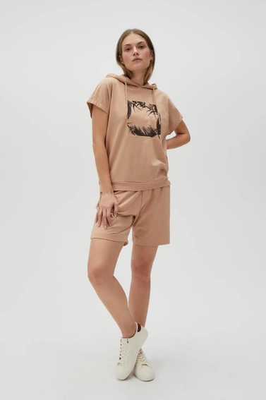  Bluza z kapturem i krótkimi rękawami beżowa