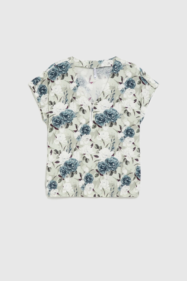 Koszula z wiskozy w kwiaty oliwkowa