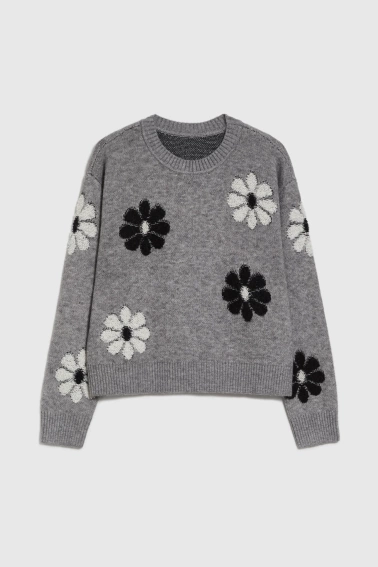 Sweter w kwiaty szary