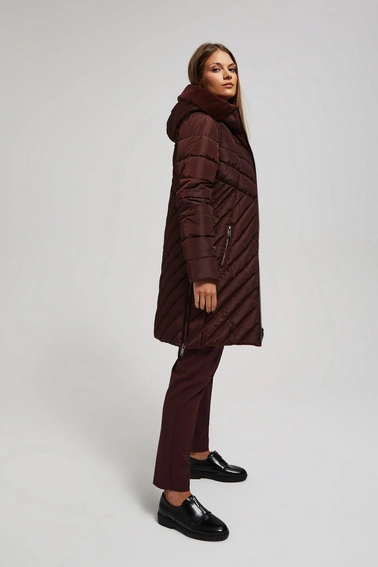 Długa pikowana kurtka z kapturem brązowa
