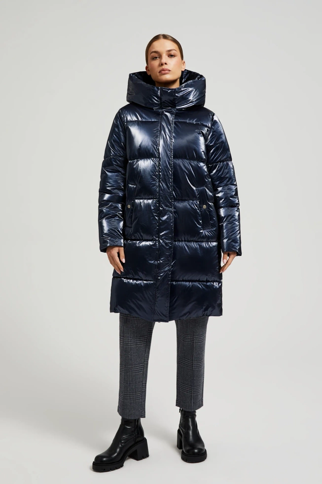 Długa metaliczna kurtka granatowa