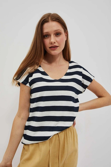 T-shirt w paski z dekoltem w serek i krótkimi rękawami granatowy