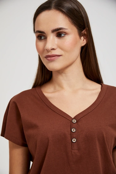 Bluzka z guzikami na dekolcie brązowa 