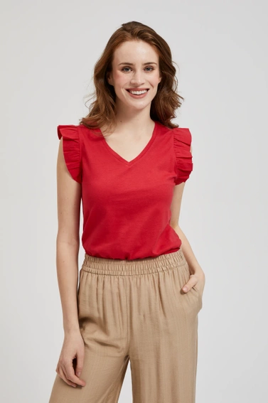 Bluzka z dekoltem w serek i falbaną na ramionach czerwona