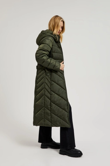 Pikowana kurtka z paskiem oliwkowa