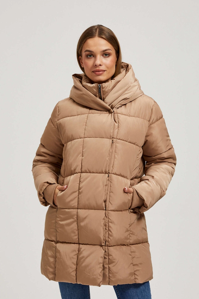 Pikowana kurtka z kapturem ciemnobeżowa