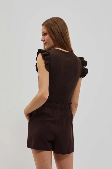 Bluzka z falbaną na ramionach ciemnbrązowa