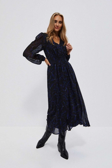 Sukienka midi z printem i bufiastymi rękawami czarna