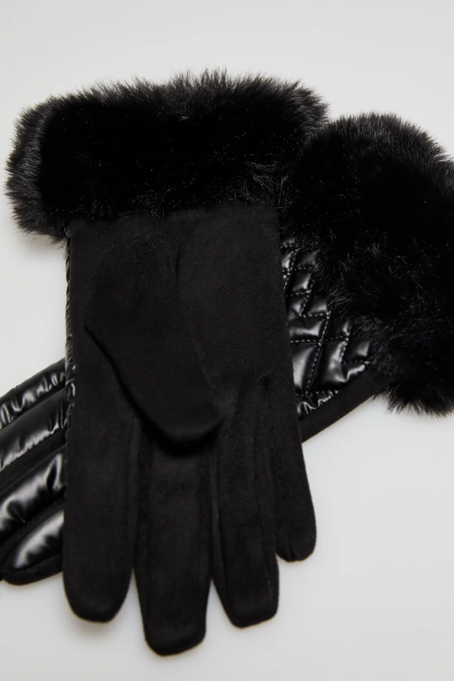 Pikowane rękawiczki z futerkiem czarne