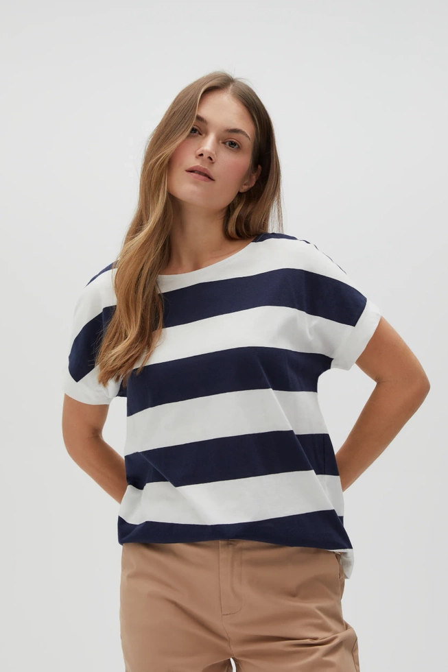 Bluzka w paski z krótkimi rękawami granatowa