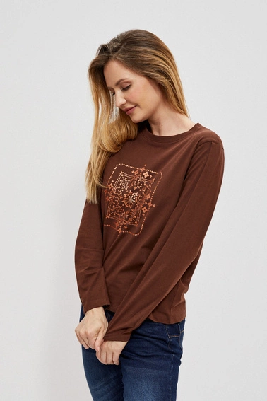 Bluzka z długimi rękawami i metalicznym printem kasztanowa