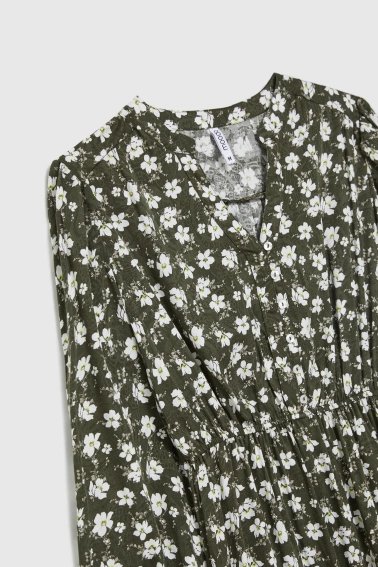 Rozkloszowana sukienka w kwiaty oliwkowa 