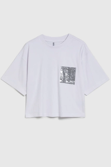 Bluzka z kieszonką ozdobioną cekinami biała