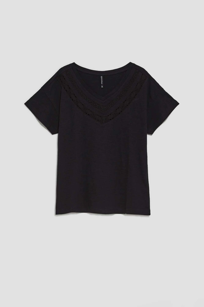 Bluzka z ażurowym dekoltem i krótkimi rękawami czarna
