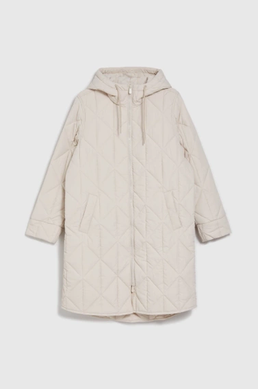 Długa, pikowana kurtka z kapturem beżowa