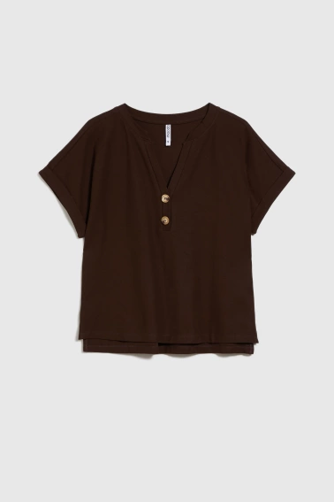 Bluzka z guzikami na dekolcie brązowa