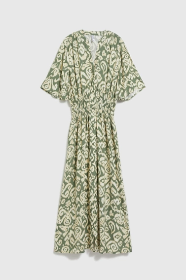 Wzorzysta sukienka z gumą w talii oliwkowa