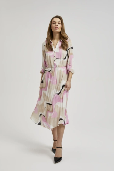 Sukienka w geometryczny wzór z plisowanym dołem beżowa