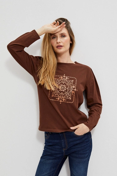 Bluzka z długimi rękawami i metalicznym printem kasztanowa