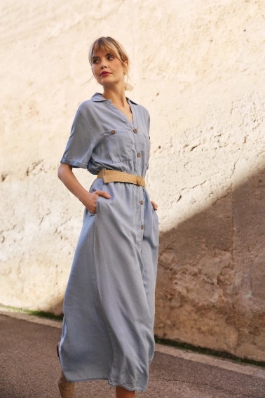 Sukienka lyocell z paskiem błękitna 