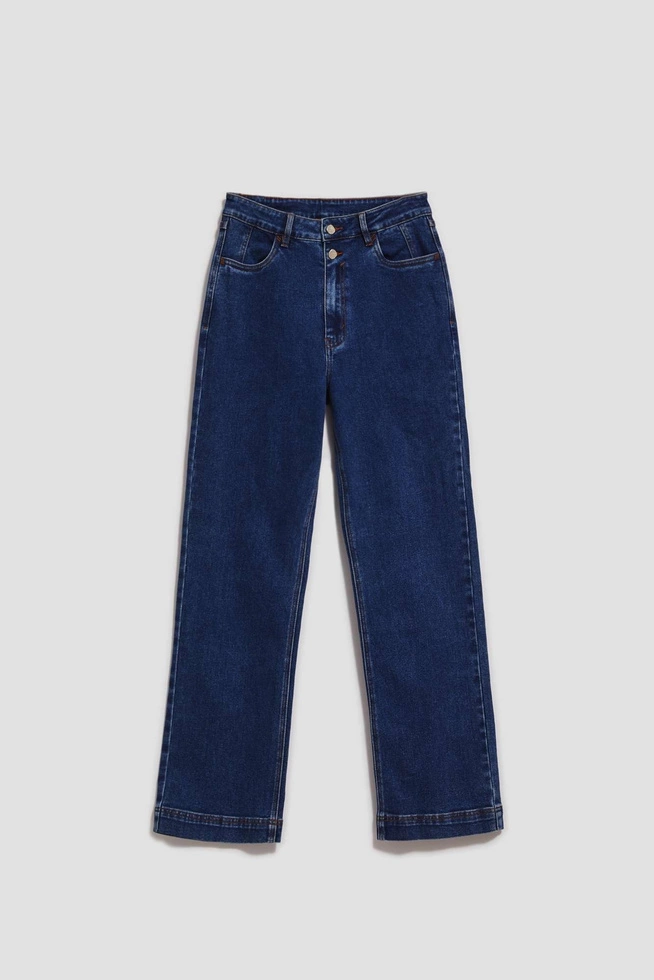 Jeansy wide leg zapinane na podwójne guziki granatowe