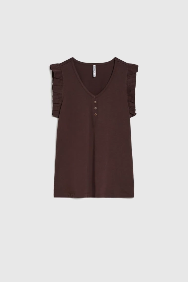 Bluzka z falbaną na ramionach brązowa