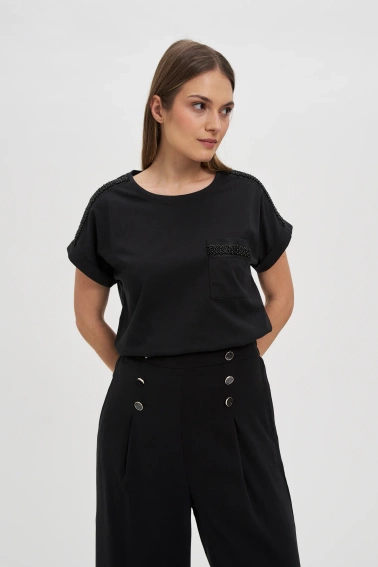 Bawełniany t-shirt ozdobiony koralikami czarny