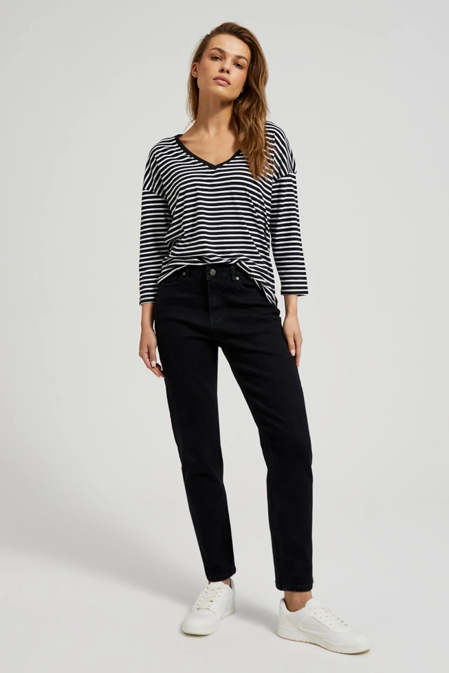 Bluzka w paski z opuszczonymi ramionami czarna