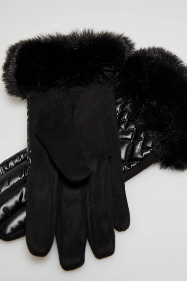 Pikowane rękawiczki z futerkiem czarne 