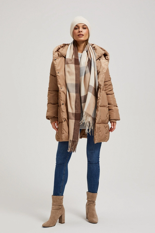 Pikowana kurtka z kapturem ciemnobeżowa