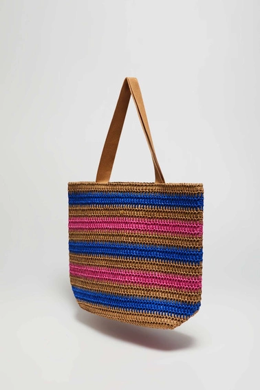 Pleciona torba na ramię w paski ciemnobeżowa