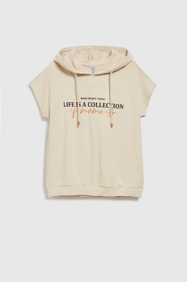 Bluza z krótkimi rękawami i kapturem beżowa