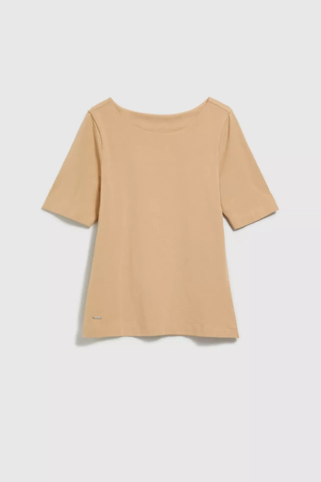 Gładka dopasowana bluzka z krótkimi rękawami beżowa