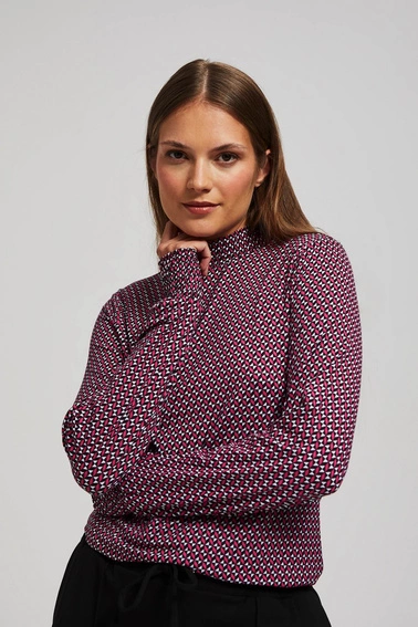 Wzorzysta bluzka z półgolfem fuksjowa