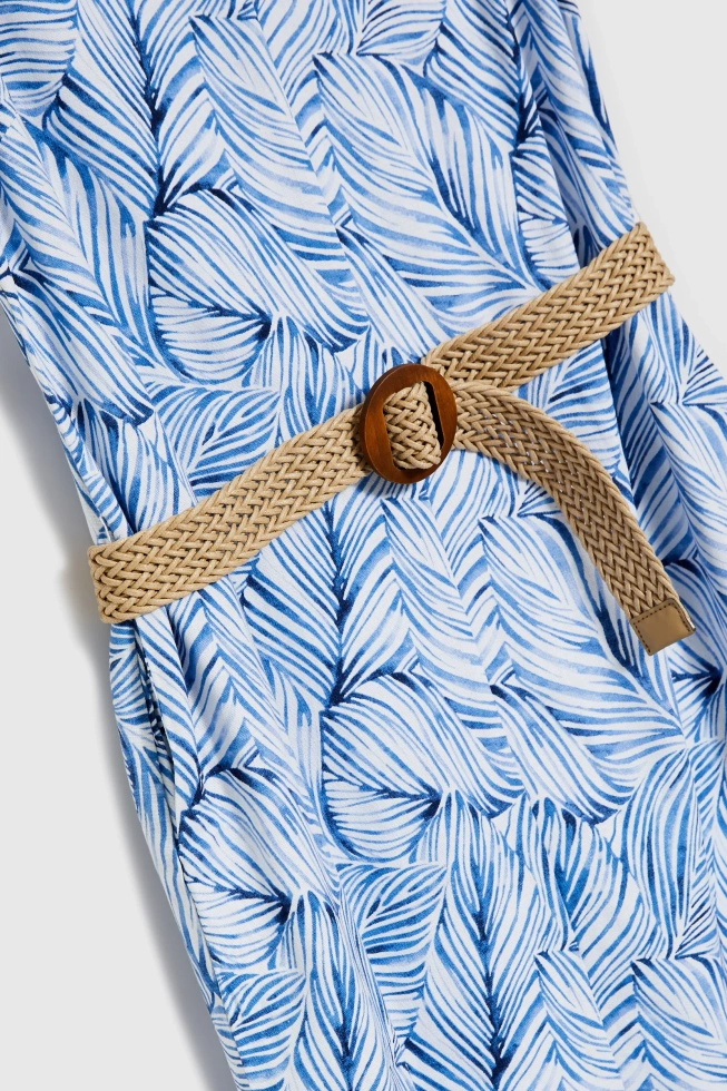 Lniana sukienka z paskiem niebieska