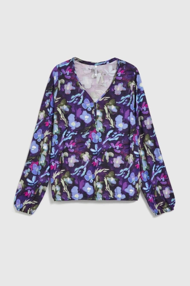 Bluzka w kwiaty z dekoltem w serek granatowa 