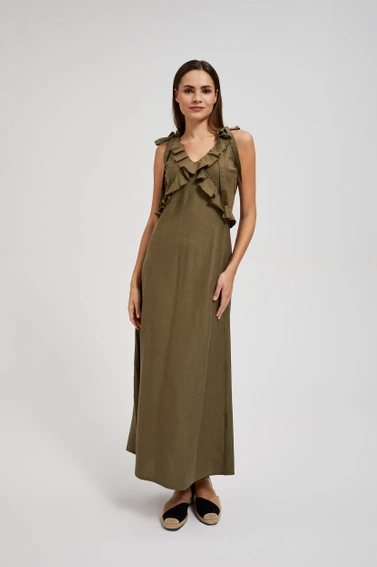 Wiskozowa sukienka z falbankami oliwkowa