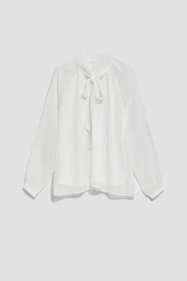 Koszula z wiązanym dekoltem w serek i bufiastymi rękawami perłowa