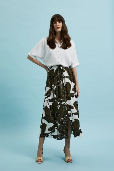 Spódnica midi z wzorem liści zielona