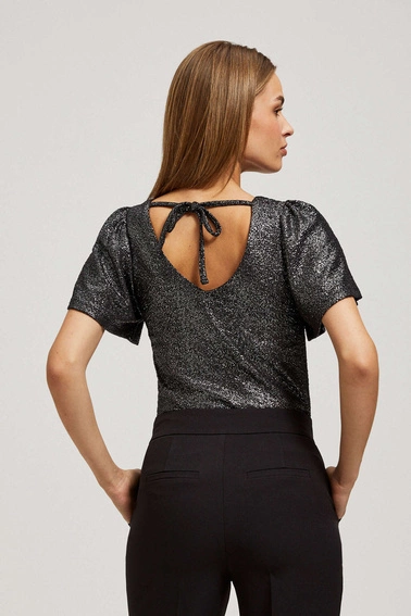 Bluzka z dekoltem w serek i bufiastymi krótkimi rękawami czarna