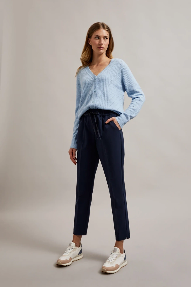 Spodnie z prostą nogawką i wiązaniem w pasie granatowe