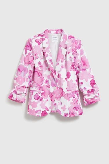 Marynarka z marszczonymi rękawami w kwiaty różowa