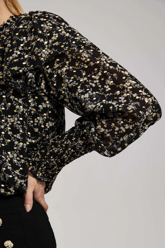 Wzorzysta koszula z wiązaniem na dekolcie czarna